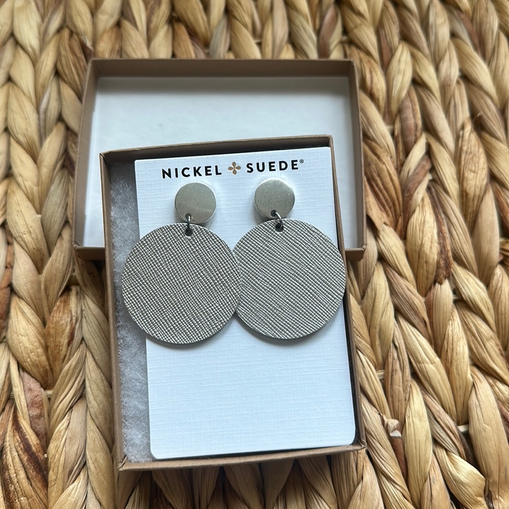 Nickel & Suede Silver Leaf Disc Statement Earrings